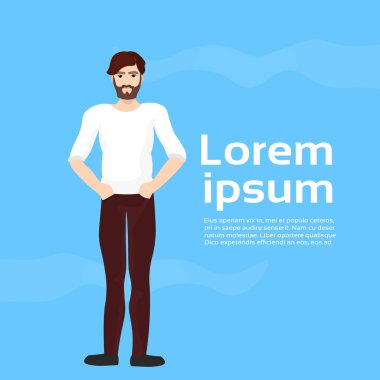 Yakışıklı adam kopya alanı çekici ile mavi arka plan üzerinde şık adam tam uzunluğu sakallı