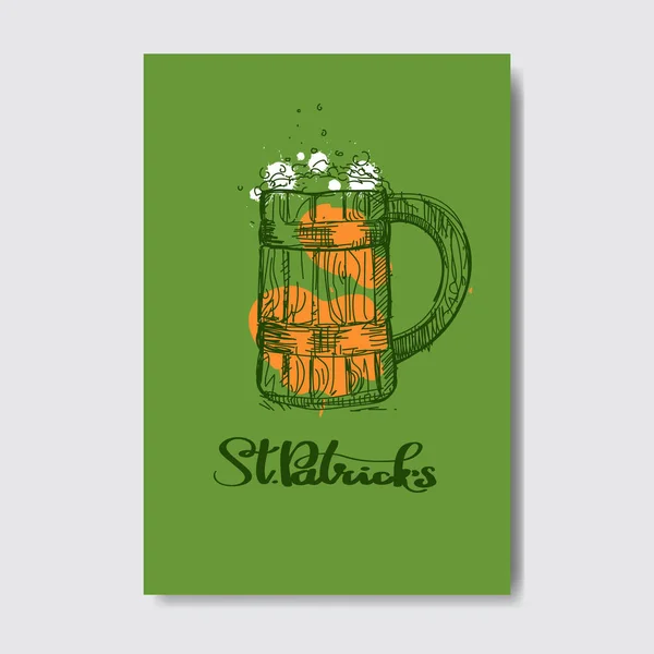 Happy St Patrick dag bakgrund med skiss öl mugg flagga gratulationskort Design — Stock vektor