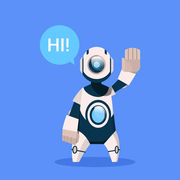 Robô diz Hi saudação Cyborg isolado em fundo azul conceito moderna tecnologia de inteligência artificial —  Vetores de Stock