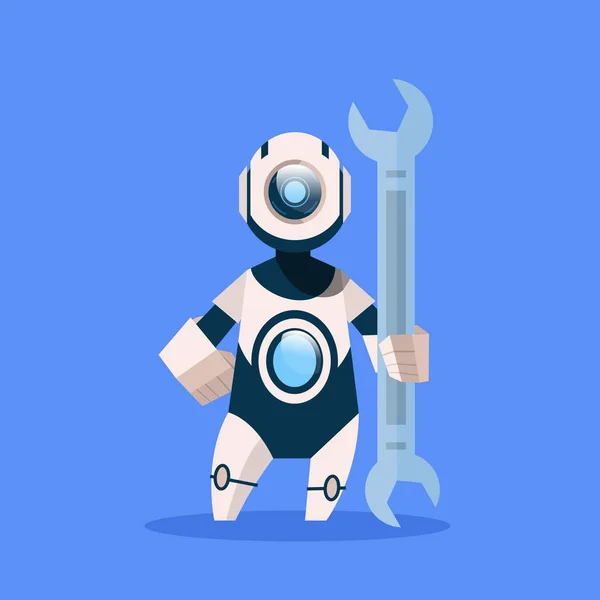Робот тримає ключ кіборг ізольований на блакитному тлі концепції Сучасна технологія штучного інтелекту — стоковий вектор