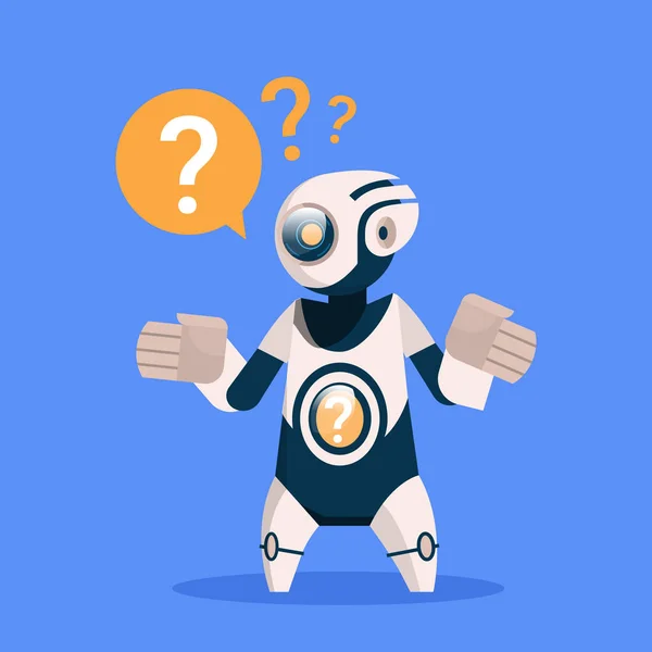 Robot met vraagteken Cyborg geïsoleerd op blauwe achtergrond Concept Modern Artificial Intelligence technologie — Stockvector