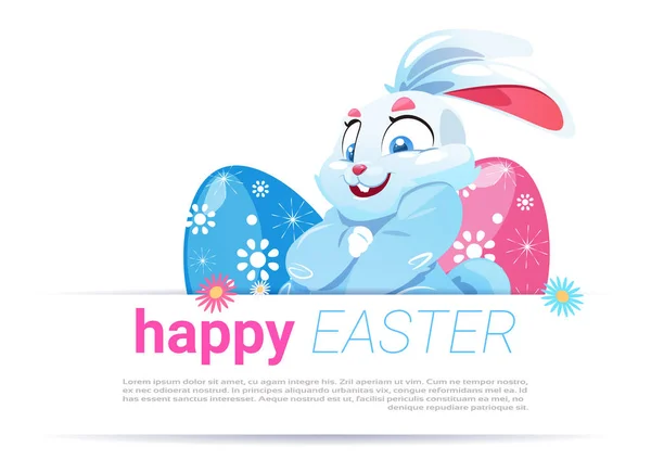 Симпатичные поздравительные открытки с кроликом и яйцами, счастливая Пасхальный шаблон плакат — стоковый вектор