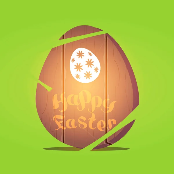 Frohe Ostern Schriftzug auf hölzernen Ei Feiertagskarte oder Badge Design — Stockvektor