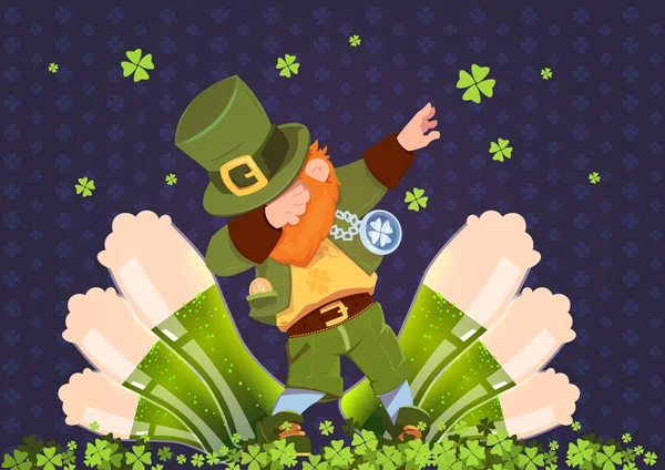 Happy St. Patricks Day Irish Festival Holiday With Green Leprechaun Over Glasses of Beer — стоковый вектор