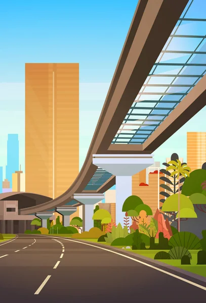 Paisaje urbano con rascacielos y ferrocarril Vista moderna de la ciudad — Vector de stock