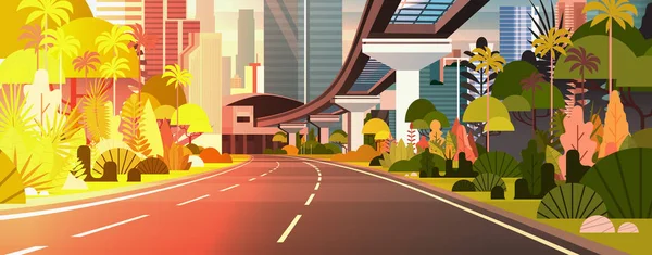 Сучасного міста панорамою заходу сонця горизонтальні банера автомагістраль дорогу з хмарочосами і залізниця — стоковий вектор