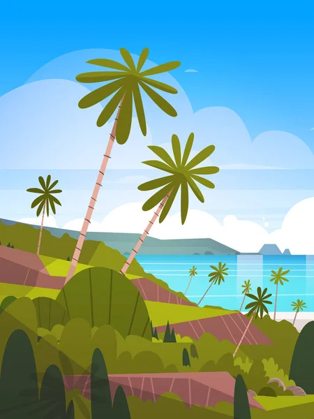 Морской пейзаж Летний тропический пляж с пальмами и горами Экзотический вид на курорт — стоковый вектор
