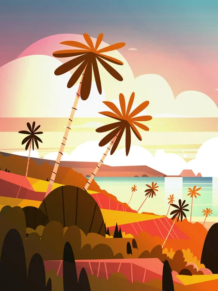 Beautiful Sunset On Ocean, Tropical Landscape Summer Seaside Beach with Palm Tree — стоковый вектор