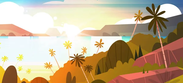 Increíble puesta de sol en la bandera horizontal junto al mar, playa de verano paisaje tropical con palmera Exotic Resort Poster — Vector de stock