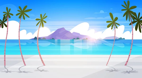 아름 다운 열 대 해변 풍경 여름 바닷가 야자수와 실루엣 산 이국적인 파라다이스 포스터 — 스톡 벡터