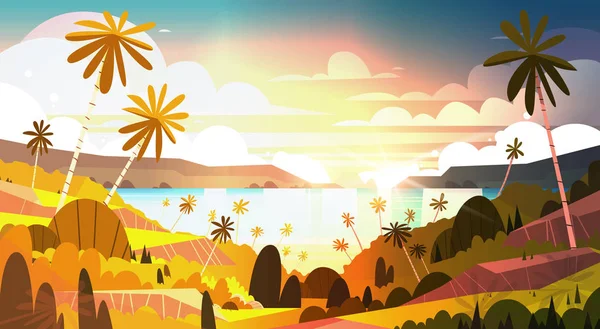 Atardecer en la playa tropical hermoso paisaje verano playa con palmeras cartel — Vector de stock