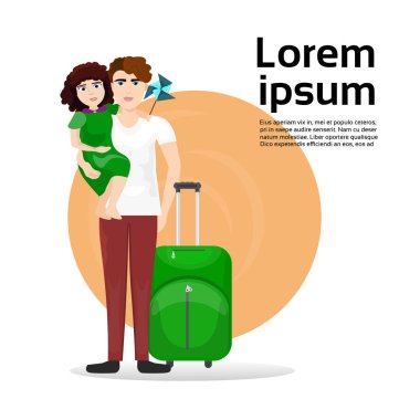 Baba ve kızı ile Bagaj bavul üzerinde arka plan kopya uzay seyahat ve Turizm kavramı ile