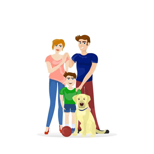 Familia padres e hijo con perro labrador aislado sobre fondo blanco — Vector de stock