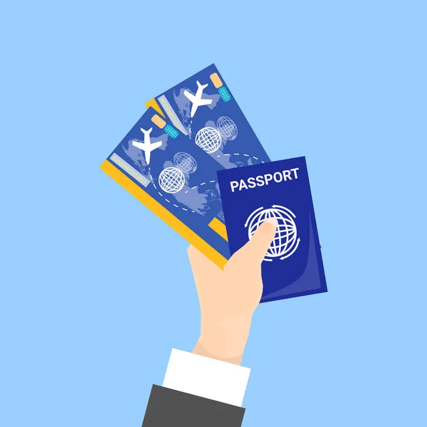 Passeport à main et billets isolés sur fond bleu — Image vectorielle