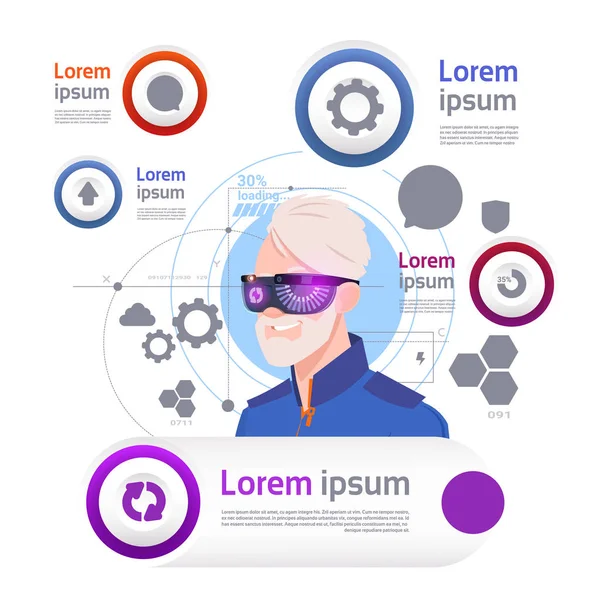 Homem vestindo óculos Vr sobre conjunto de elementos infográficos de modelo conceito de realidade virtual —  Vetores de Stock