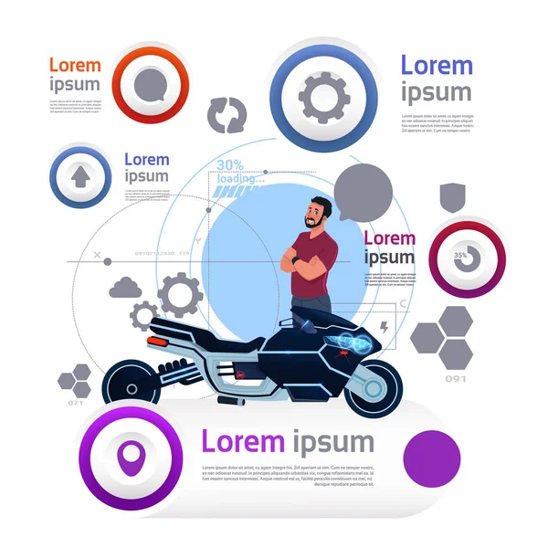 Człowiek i motocykl na szablon transport infografiki transparent z miejsca kopii — Wektor stockowy