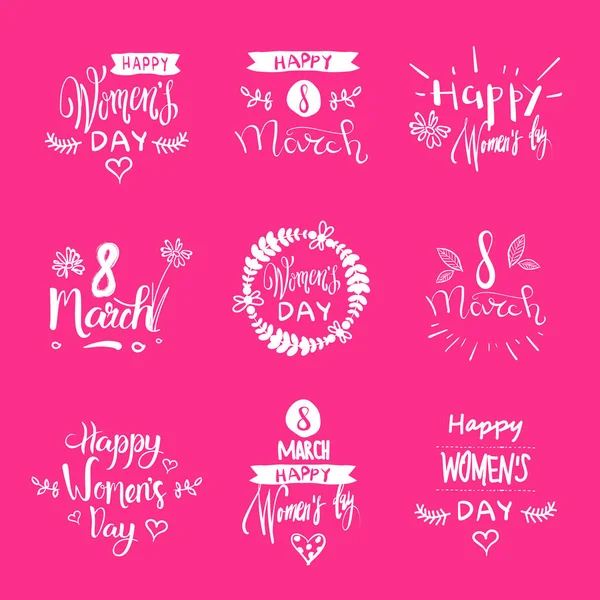 Glückliche Frauen Tag Etiketten Kollektion weißer Schriftzug Set für Dekoration und Gruß auf rosa Hintergrund — Stockvektor