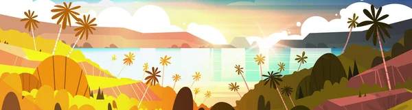 Pôr do sol na praia tropical bela paisagem verão litoral com palmeiras bandeira horizontal —  Vetores de Stock
