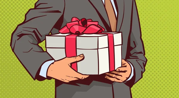 Hands of Business Man Hold Gift, Sketch Present Box with Red Ribbon Bow On Comic Background — стоковый вектор