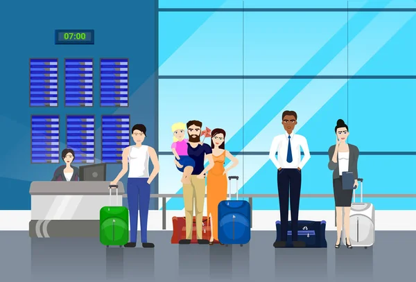 Personas con equipaje de pie en línea para contador en el aeropuerto para el check-in — Vector de stock