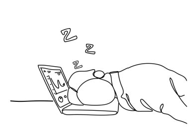 İşyeri dizüstü bilgisayarda üstünde uyumak yorgun iş adamı doodle