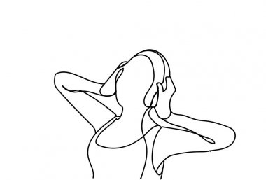 Elle çizilmiş kız dans kulaklık ile müzik dinlemek kadın doodle