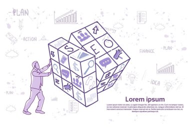 İş adamı Doodle dijital Seo strateji şablon afiş arka plan ile pazarlama