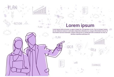 Siluet iş adamı ve soyut kroki arka plan, işadamı noktası parmak kadın