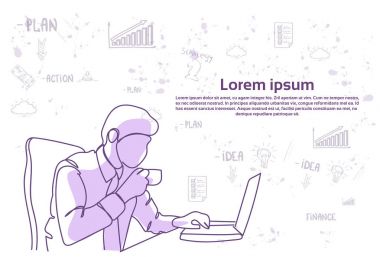 İş adamı içecek kahve veya çay dizüstü bilgisayar ile soyut Doodle arka plan üzerinde çalışma