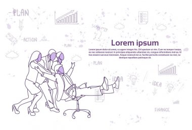 Neşeli iş insanların eğlenceli binme işadamı ofisi mutlu başarılı takım siluetleri Doodle şablon arka plan üzerinde sandalye.