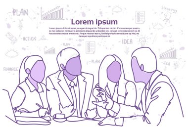 İletişim tartışma veya toplantı soyut Doodle arka plan üzerinde beyin fırtınası iş insanlar takım masada birlikte oturmak.