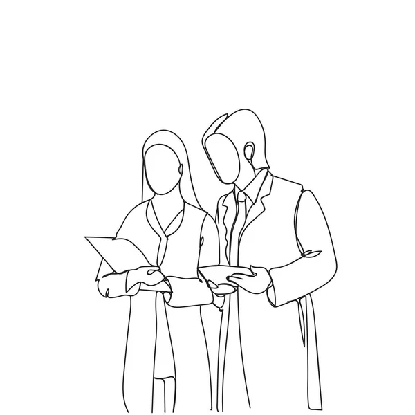 Silhouette Man and Woman Scientists In White Coats Reading Document Analysis Investigadores de Doodle Trabajando — Vector de stock