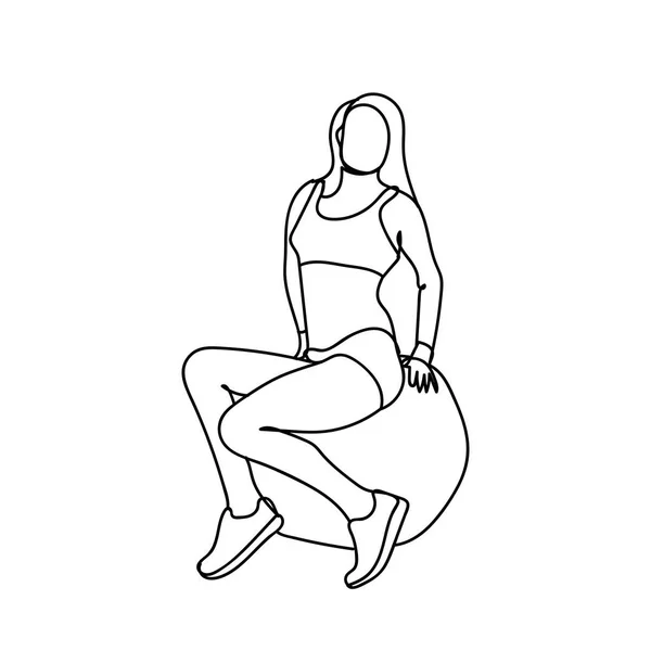 Mujer silueta sentada en la esfera Yoga Ball Training Exercise Doodle Female Fit — Vector de stock