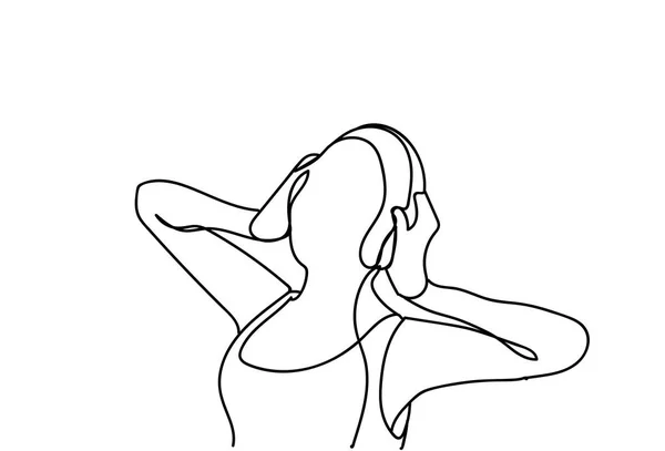 Doodle Woman Listen to Music With Headphones Dancing Hand Drawn Girl — стоковый вектор