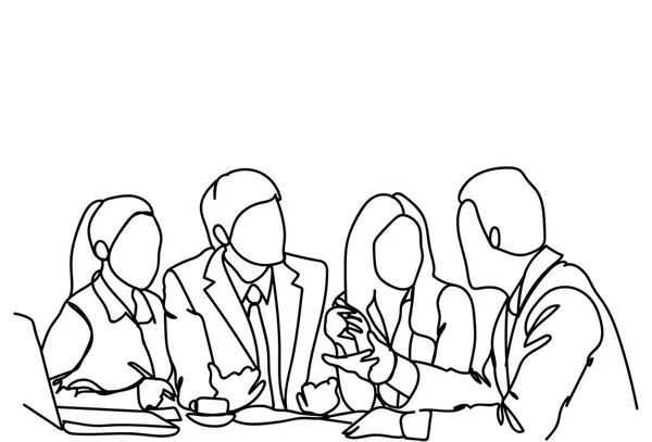 Команда деловых людей сидит за столом вместе Обсуждение коммуникации или мозговой штурм Дудл — стоковый вектор