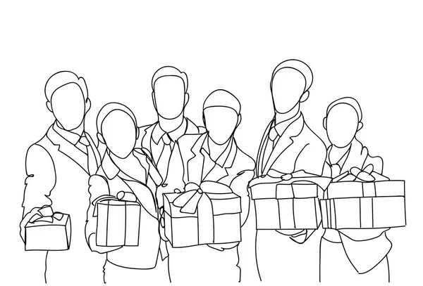 Groupe de gens d'affaires tenant des boîtes-cadeaux Concept de prix d'équipe réussie Doodle dessiné à la main par des hommes d'affaires — Image vectorielle