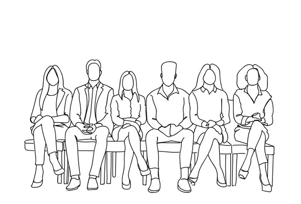 Group Of Business People Sitting In Line Waiting For Interview Doodle Human Resources Concept — Stock Vector