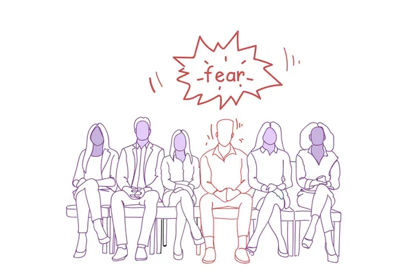 Nervöser Mann sitzt mit Gruppe von Menschen in der Schlange und wartet auf Bewerbungsgespräch Doodle Personalkonzept — Stockvektor