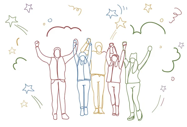 Επιτυχημένη ομάδα των ανθρώπων που κατέχουν ύψωσε τα χέρια χαρούμενος επιχειρηματική ομάδα πολύχρωμο Doodle σιλουέτες — Διανυσματικό Αρχείο