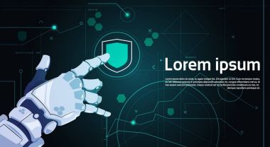 Robot el değmek kalkan düğme dijital ekran veri koruma kavramı afiş kopya alanı ile