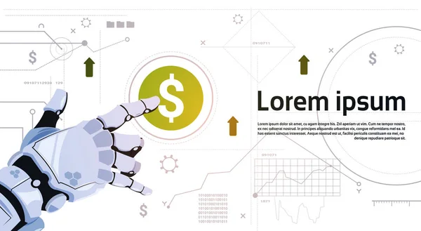 디지털 화면 배너 복사 공간에 달러 기호 버튼을 터치 하는 로봇 핸드 — 스톡 벡터