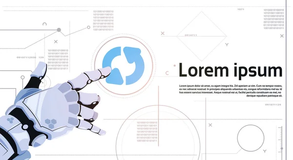 Pulsante di aggiornamento del tocco della mano robotica sul banner dello schermo digitale con spazio di copia — Vettoriale Stock