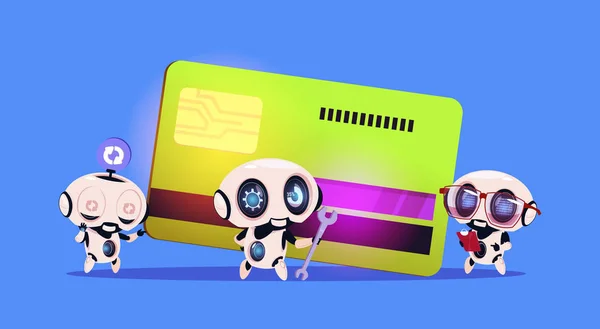 Gruppe von Robotern steht über Zahlungskonzept für Kreditkartenroboter — Stockvektor