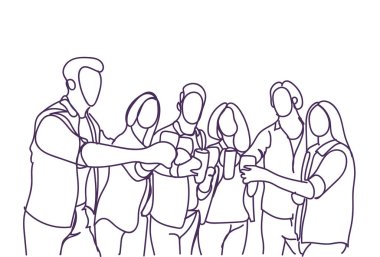 Grup kroki insan gözlük Doodle erkekler ve kadınlar parti ya da kutlama kavramı Toasting alkış