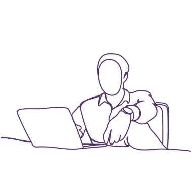 Dizüstü bilgisayar Doodle erkek siluet beyaz zemin üzerine yazarak soyut iş adamı