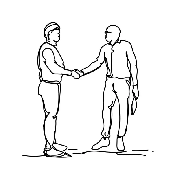 Concepto de apretón de manos Dos bocetos Hombres de negocios sacudiendo manos Doodle silueta sobre fondo blanco — Vector de stock