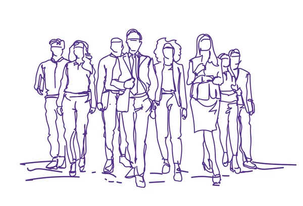 Esquisse Équipe d'hommes d'affaires Aller de l'avant sur fond blanc, Groupe de gens d'affaires dessinés à la main — Image vectorielle