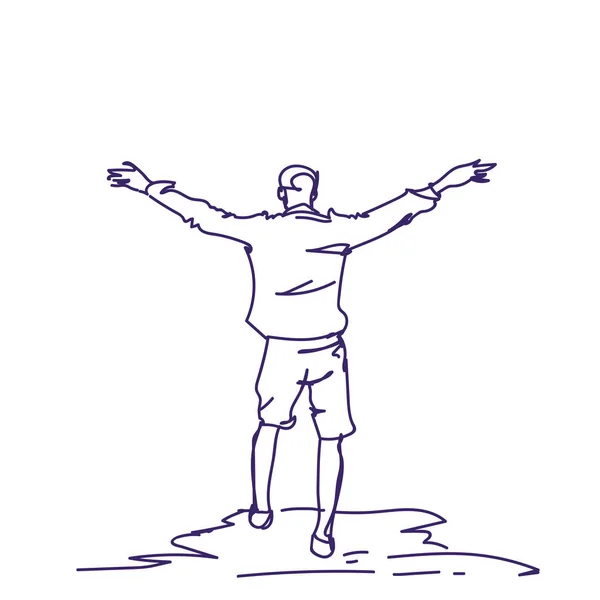 Веселая рука нарисовал человека с поднятыми руками назад вид на заднем плане каракули счастливый парень свободы концепции — стоковый вектор