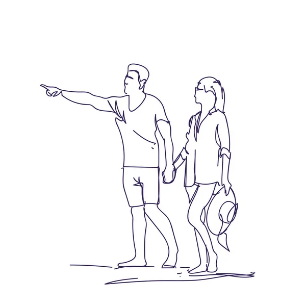 Esboço casal andando segurando as mãos Doodle homem e mulher sobre fundo branco — Vetor de Stock