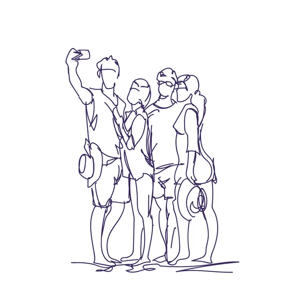Groupe de personnes prenant ensemble Selfie Photo sur téléphone intelligent Doodle hommes et femmes font autoportrait — Image vectorielle